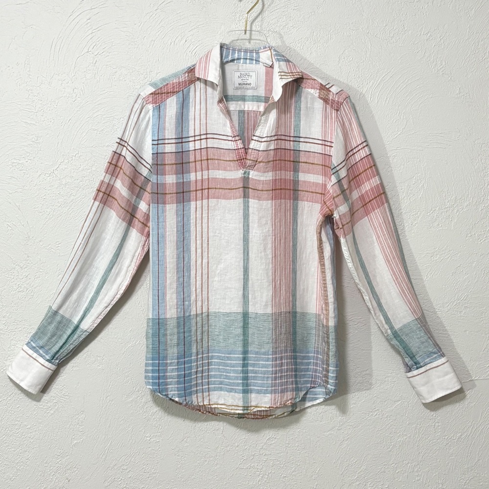 Murano Baird McNutt Linen Shirt Women S Pink Blue Plaid Popover Long Sleeve